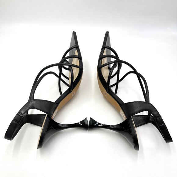 Vince Camuto 9.5 Sanda Black Leather Strappy Flared Heels Dress Sandals Shoes - Picture 8 of 14